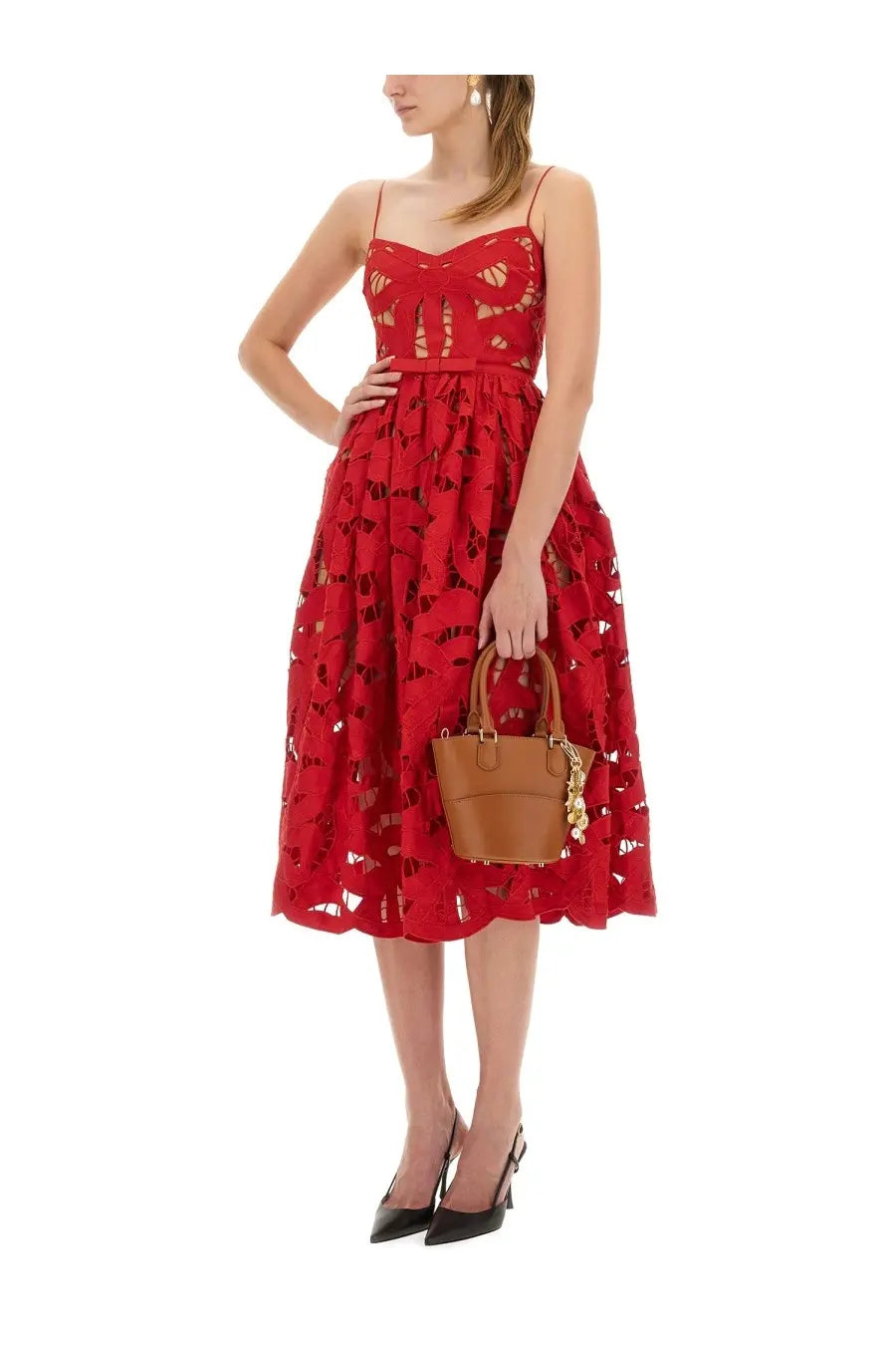 Red lace midi dress by self-portrait with thin spaghetti straps and fitted embroidered cut-out bodice in red