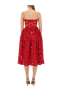 Self portrait women’s embroidered midi dress in vibrant red with delicate lace cutouts and thin spaghetti straps