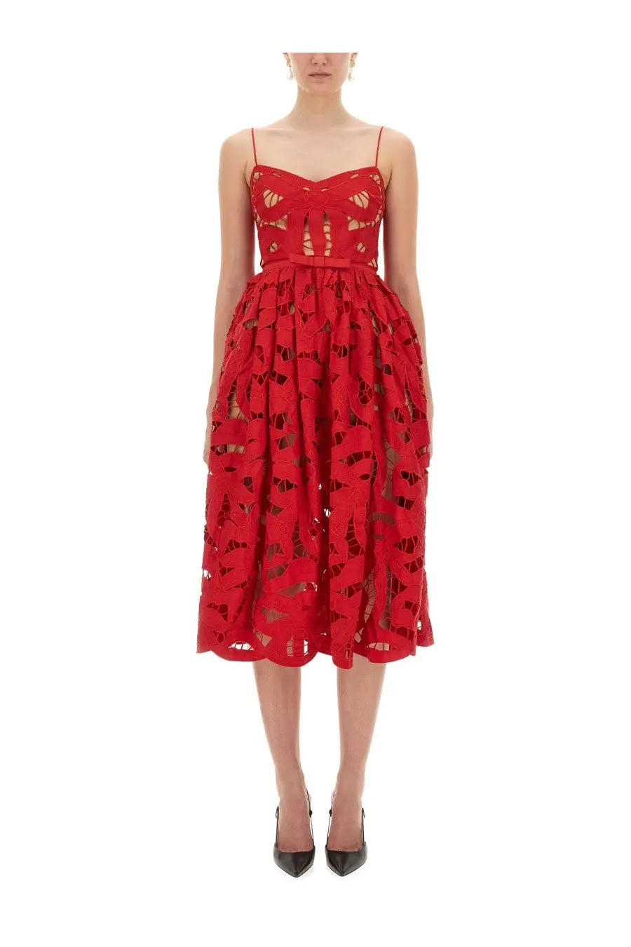 Self-portrait women’s red embroidered midi dress with intricate cut-out patterns and a fitted sleeveless bodice