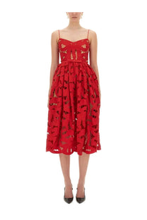 Self-portrait women’s red embroidered midi dress with intricate cut-out patterns and a fitted sleeveless bodice