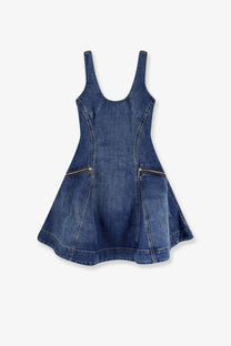 Self-portrait women’s flared denim mini dress in blue with thin straps front zipper pockets and a flared skirt