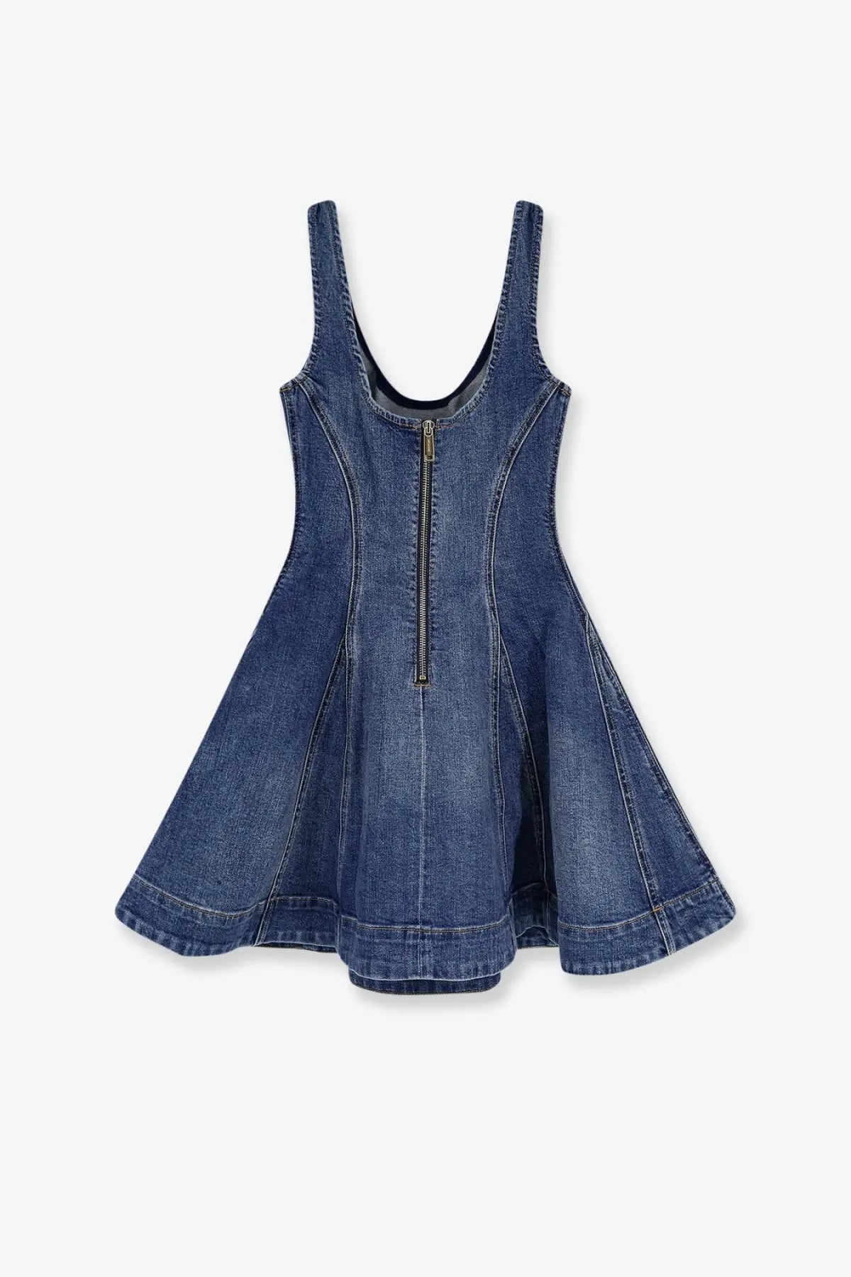 Self-portrait women’s flared denim mini dress in blue with sleeveless design and front zipper closure