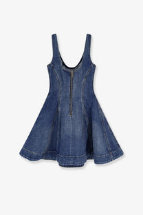 Self-portrait women’s flared denim mini dress in blue with sleeveless design and front zipper closure