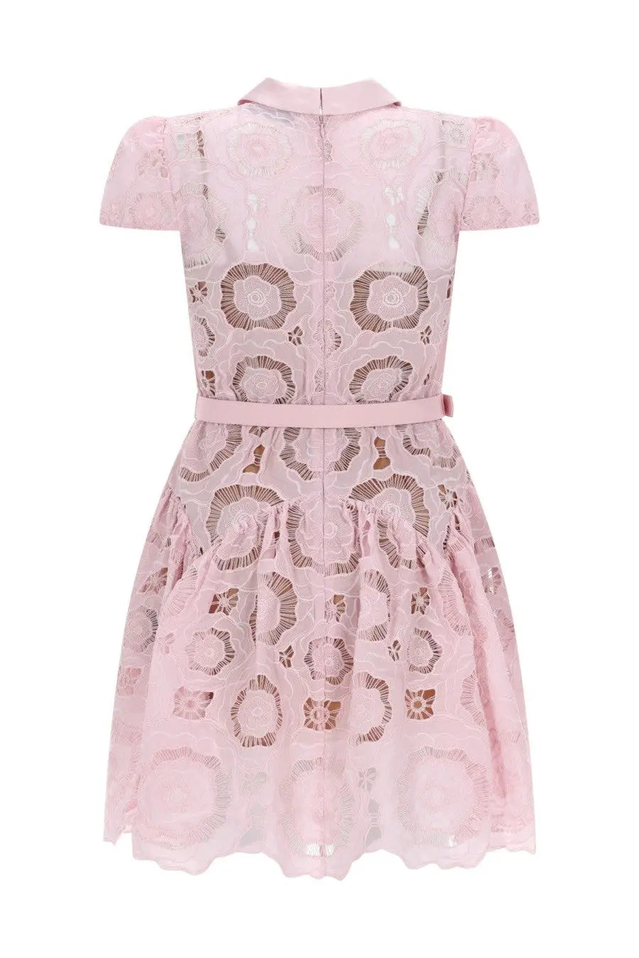 Self-portrait women’s flared blue floral lace dress with short puffed sleeves and a matching belt in delicate pink