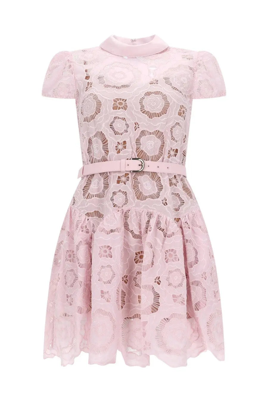Self-portrait women’s flared blue floral lace dress with high collar and short puffed sleeves featuring intricate pattern