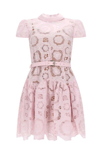 Self-portrait women’s flared blue floral lace dress with high collar and short puffed sleeves featuring intricate pattern