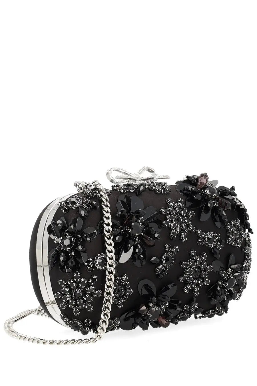 Self-portrait women’s black floral crystal clutch bag with black beads silver chain strap and bow accent