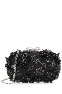 Black beaded clutch bag with floral crystal embellishments and silver chain strap by self portrait women’s collection