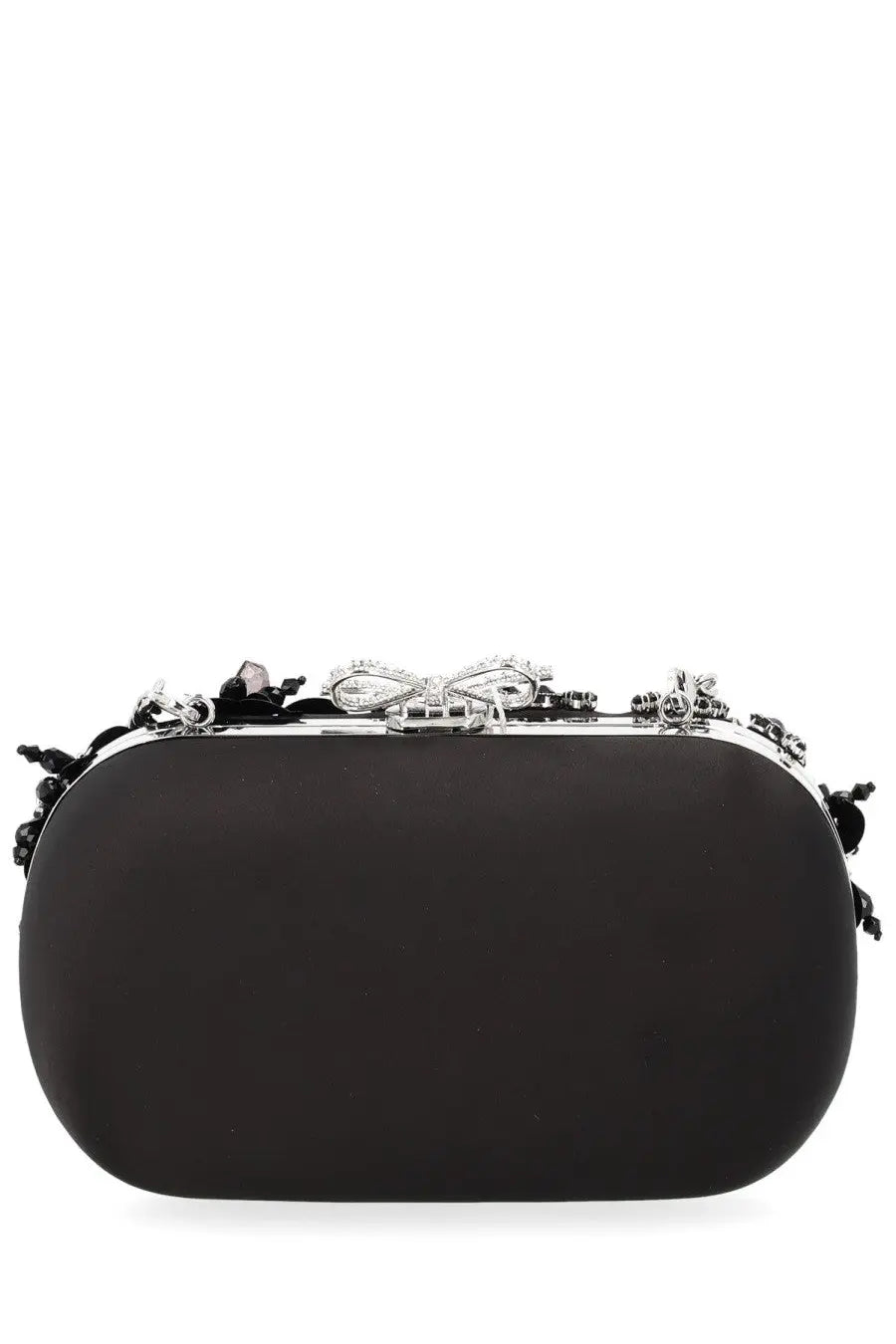 Self-portrait womens black satin clutch bag with silver crystal bow clasp and floral black embellishments