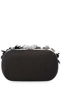 Self-portrait womens black satin clutch bag with silver crystal bow clasp and floral black embellishments