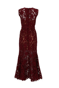 A deep burgundy floral lace mermaid midi dress with fitted bodice and waist belt by selfportrait women’s collection
