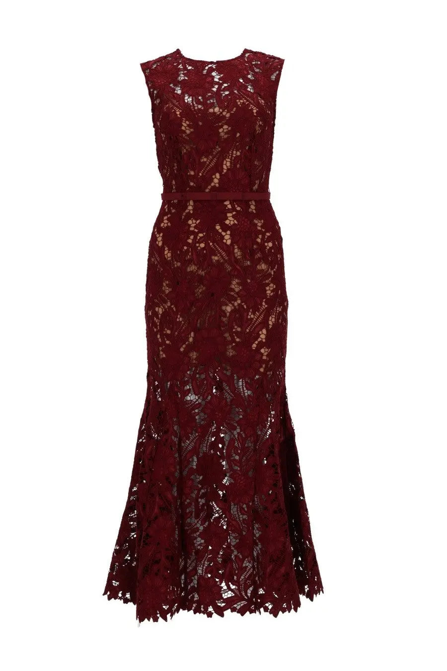 Self-portrait women’s red floral lace midi dress with deep burgundy mermaid gown silhouette and intricate pattern