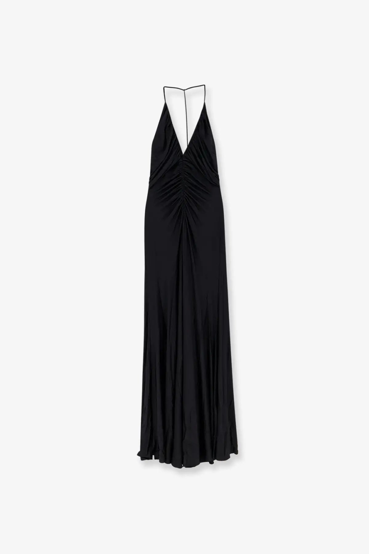 Black satin halter gown with deep v-neckline and ruched bodice from self-portrait women’s gathered jersey dress