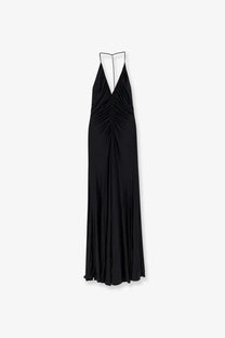 Black satin halter gown with deep v-neckline and ruched bodice from self-portrait women’s gathered jersey dress