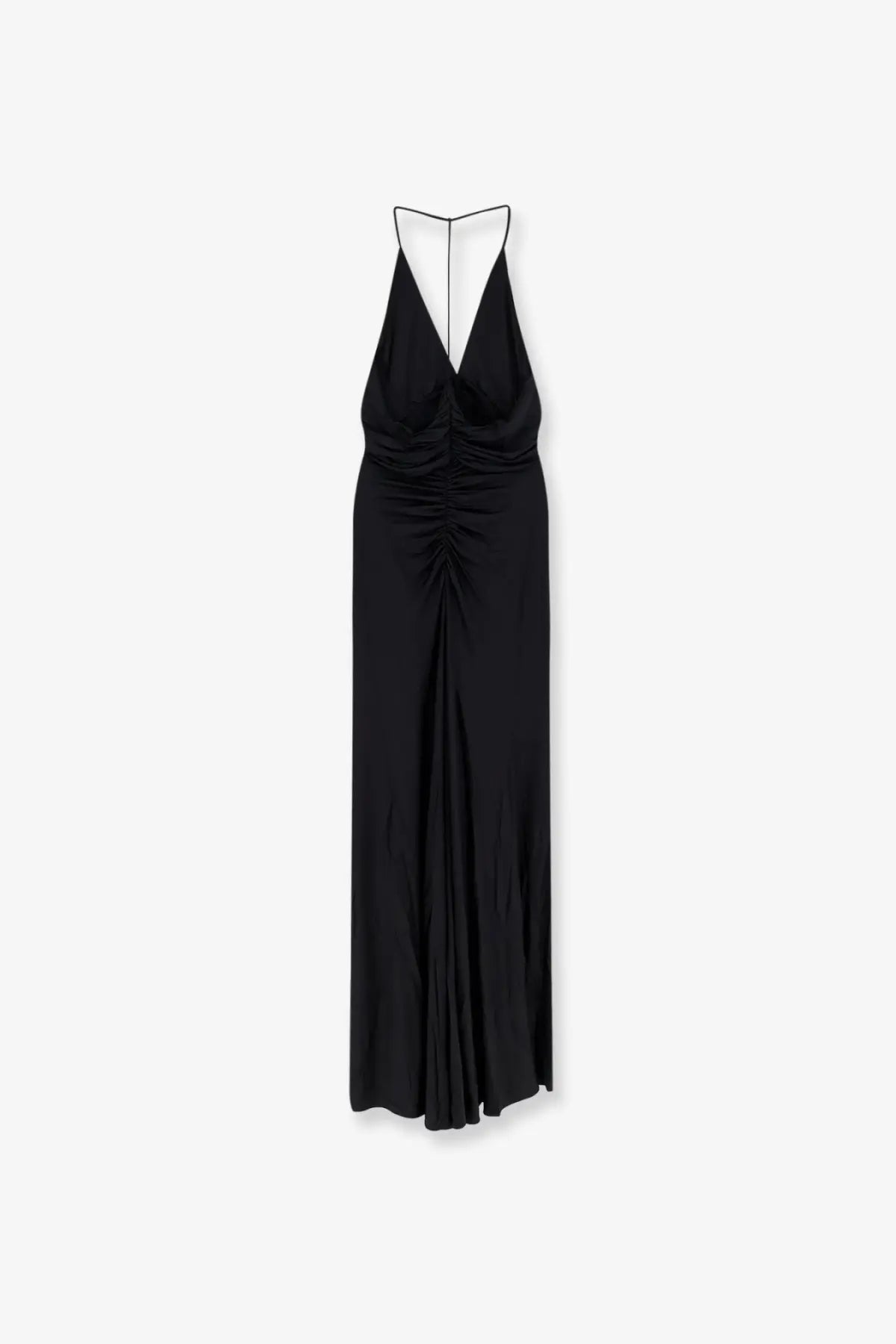 Black satin self-portrait women’s halter-neck maxi dress with deep v-back and ruched bodice shown from the back