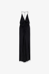 Black satin self-portrait women’s halter-neck maxi dress with deep v-back and ruched bodice shown from the back