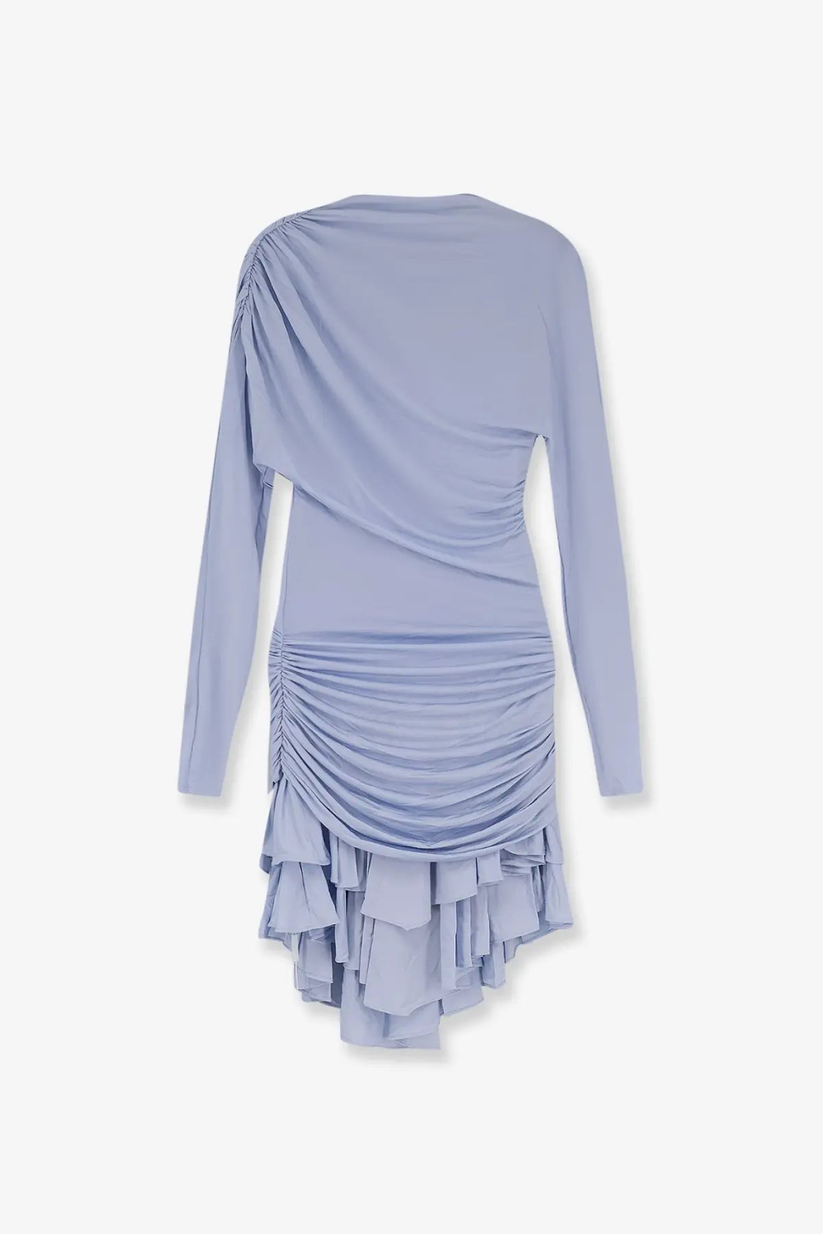 Self-portrait women’s gathered jersey mini dress in blue shown from the back with ruched detailing and tiered ruffle hem