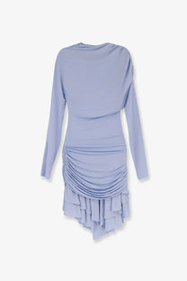 Self-portrait women’s gathered jersey mini dress in blue with soft lavender long sleeves and tiered ruffle hem detailing
