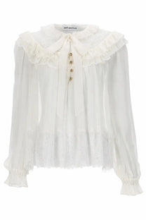 Self-portrait women’s white georgette blouse with ruffled collar lace trim and gold toned buttons down the front