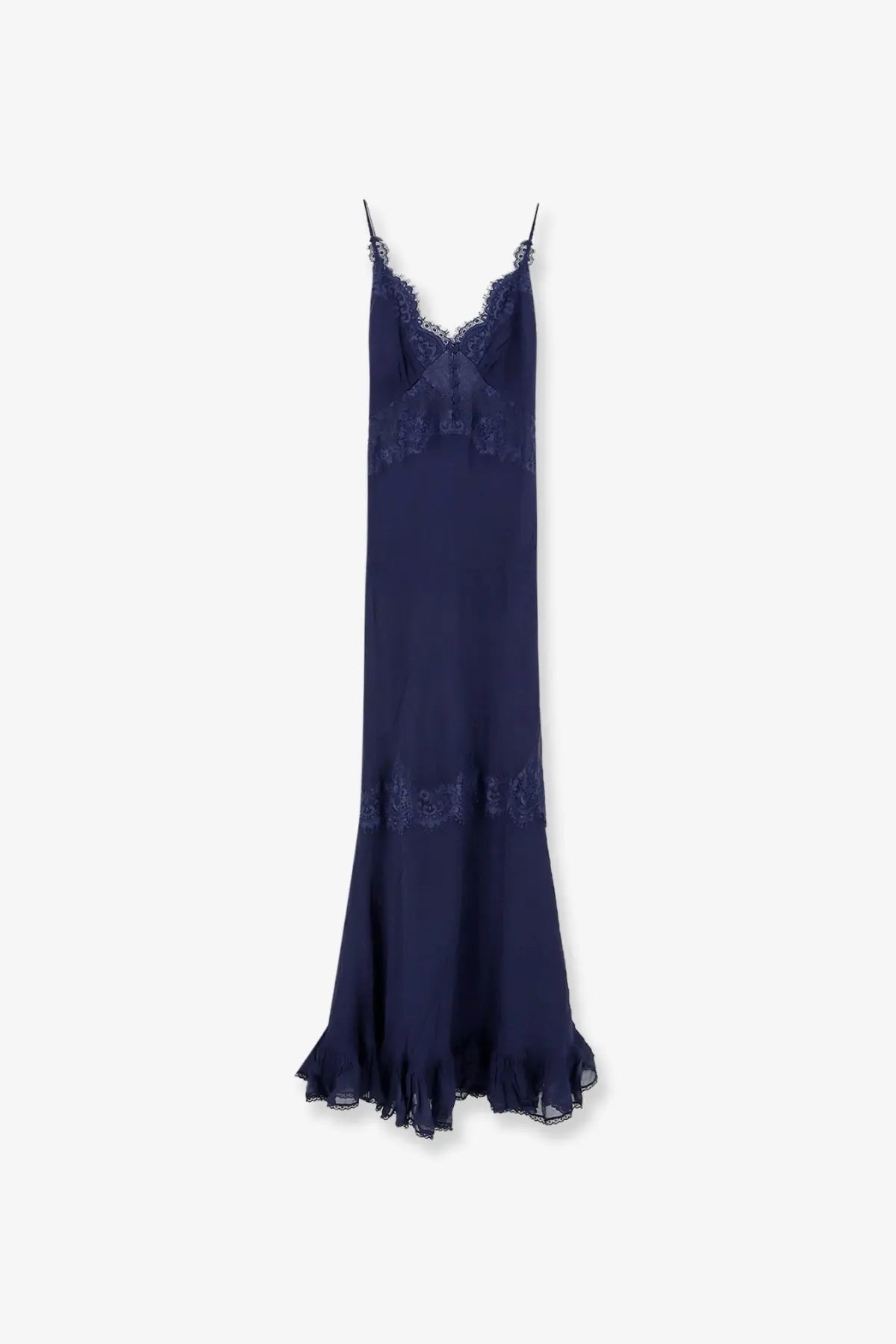 A navy blue silk self-portrait women’s georgette maxi slip dress with delicate lace trim on straps neckline and hem