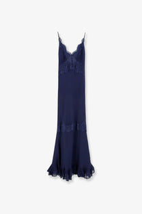A navy blue silk self-portrait women’s georgette maxi slip dress with delicate lace trim on straps neckline and hem