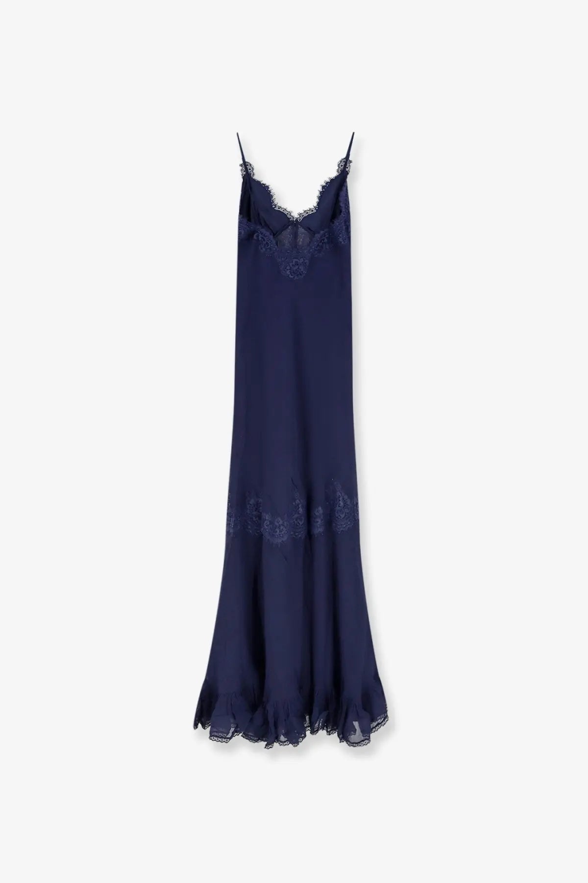 A navy blue silk slip dress with delicate lace trim along neckline and hem from self-portrait women’s maxi dress