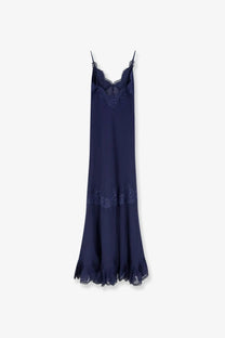 A navy blue silk slip dress with delicate lace trim along neckline and hem from self-portrait women’s maxi dress