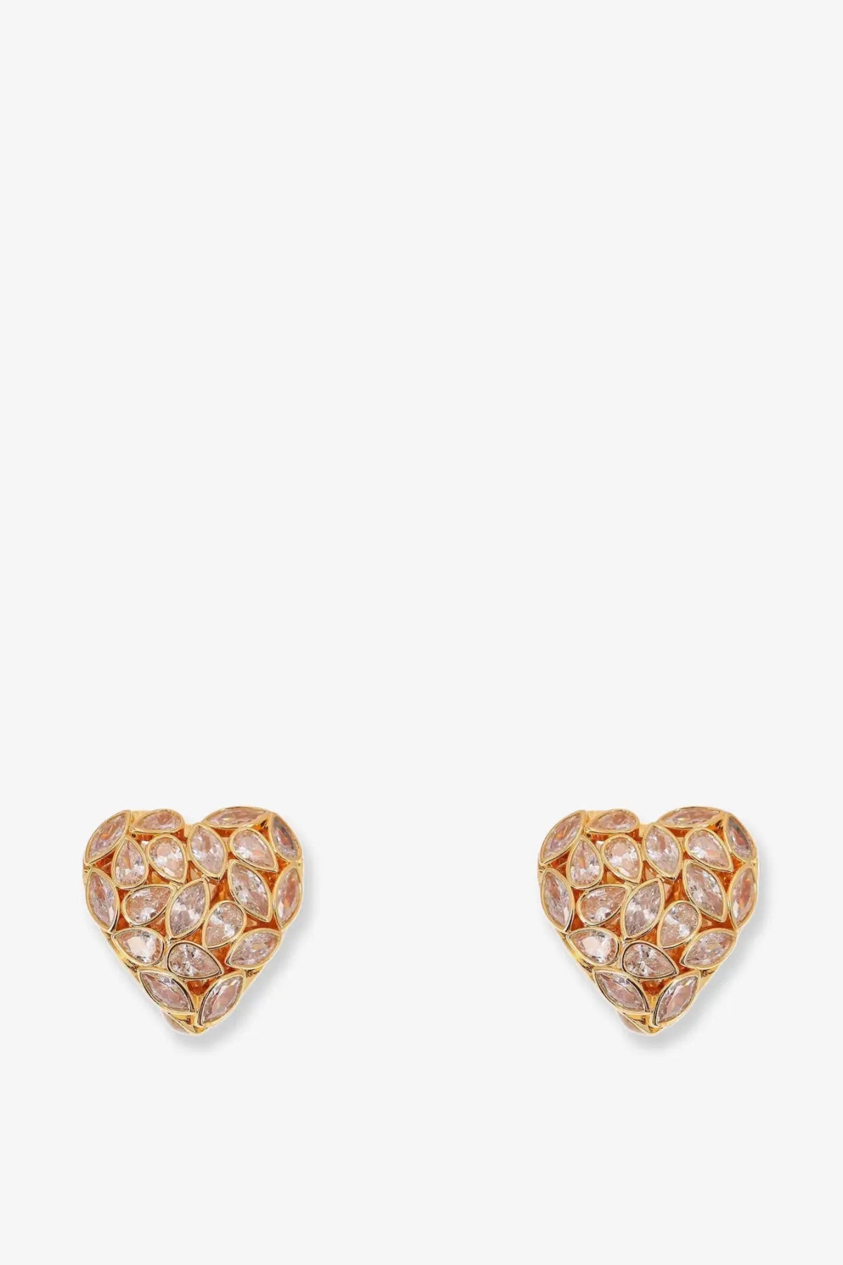 Gold heart-shaped brass stud earrings with sparkling pink teardrop crystals from self-portrait women collection