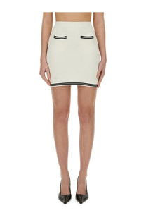 Cream-colored self-portrait women’s jacquard high-waisted mini skirt with black trim on waistband pockets and hemline