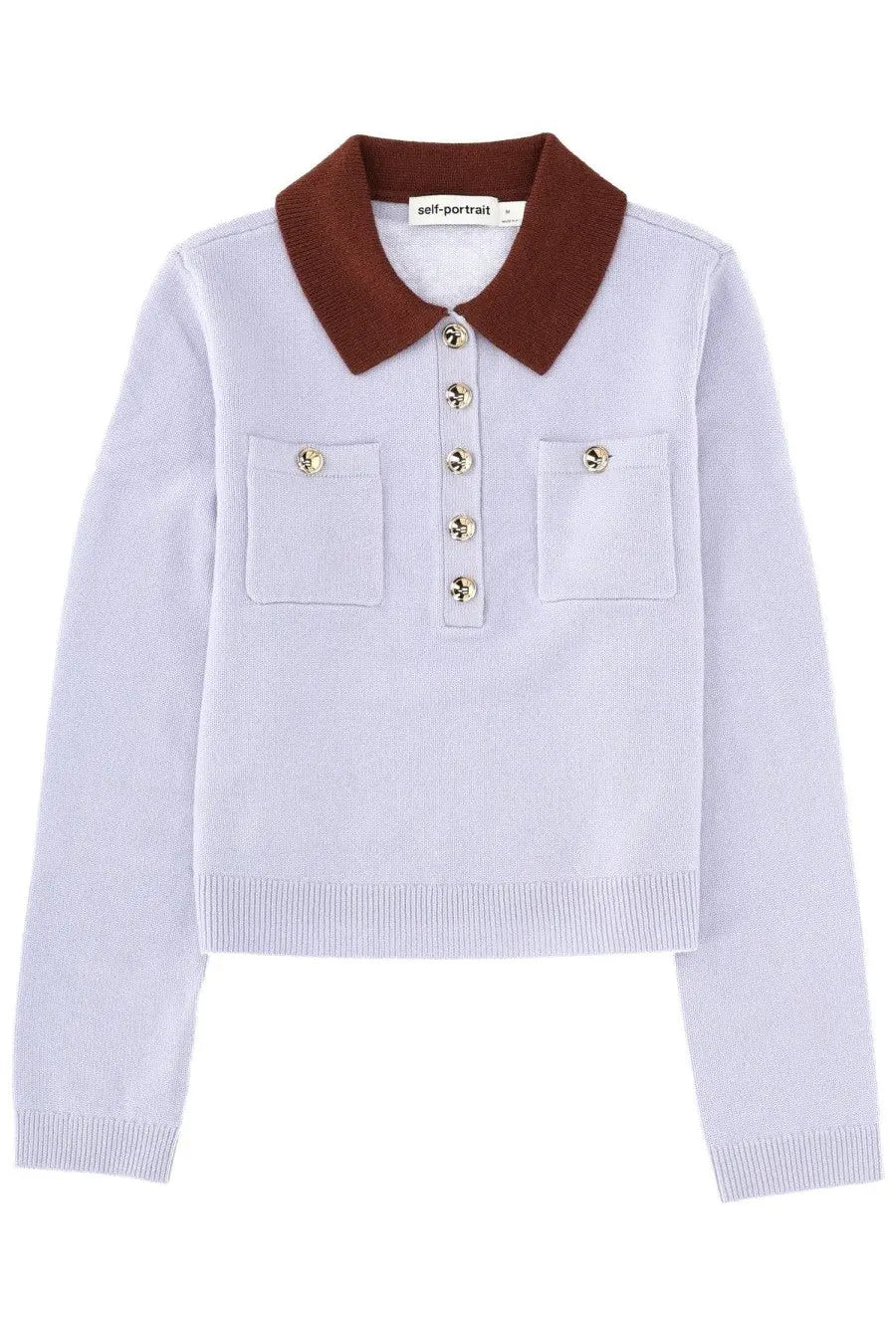 Self-portrait women’s jersey blue light lavender knit polo sweater with brown collar and gold-tone buttons