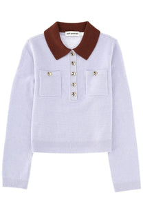 Self-portrait women’s jersey blue light lavender knit polo sweater with brown collar and gold-tone buttons