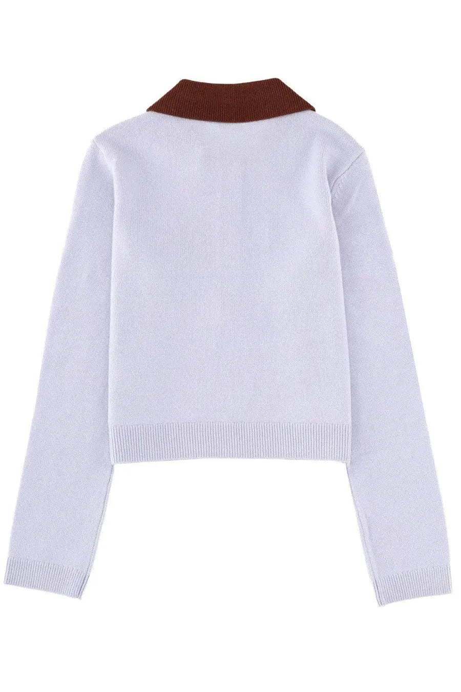White knit sweater with brown ribbed collar and cuffs from self-portrait womens jersey blue collection
