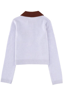 White knit sweater with brown ribbed collar and cuffs from self-portrait womens jersey blue collection