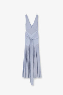 Self-portrait women’s jersey maxi dress in light blue with sleeveless design deep v-neck tied waistband and pleated skirt