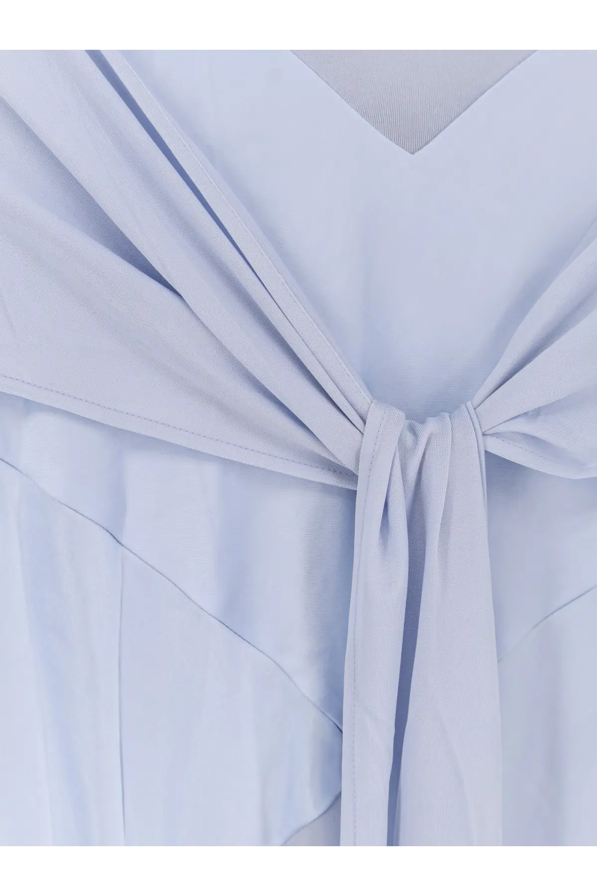 A light blue soft satin self-portrait women’s jersey maxi dress with v-neckline and tied waistband