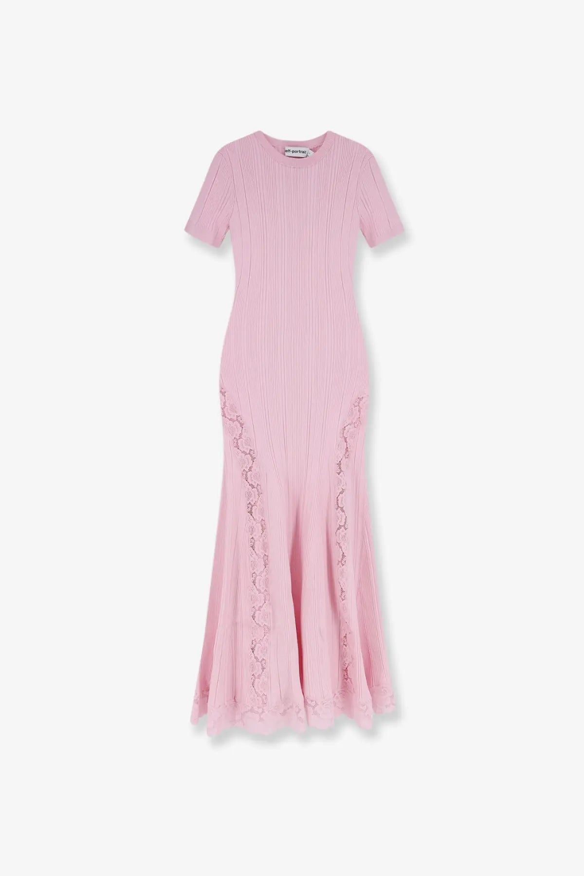 Self-portrait women’s knit lace insert midi dress in soft pink ribbed knit with scalloped lace side detailing