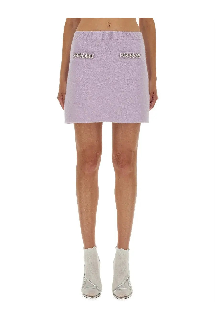 Self-portrait women’s lavender knit mini skirt with two front pockets and sparkling rhinestone embellishments