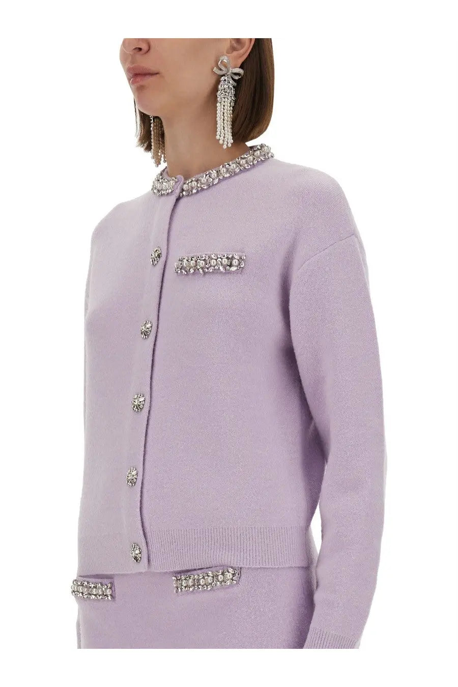 Lavender self portrait womens knitted cardigan with crystal embellished collar buttons and pocket trim