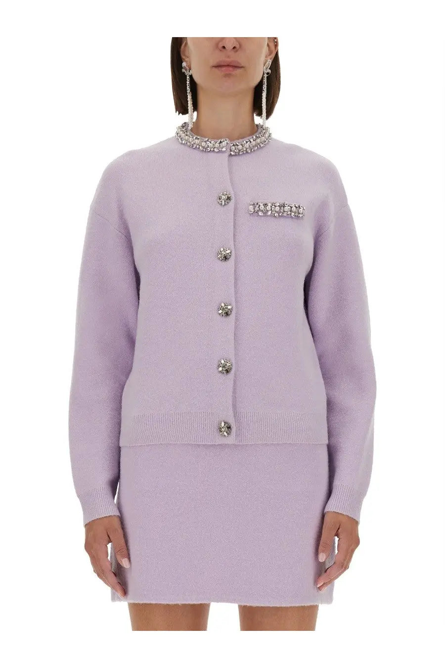 Lavender knit women’s cardigan by self portrait with crystal embellishments and buttons in purple knitted fabric