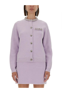 Lavender knit women’s cardigan by self portrait with crystal embellishments and buttons in purple knitted fabric