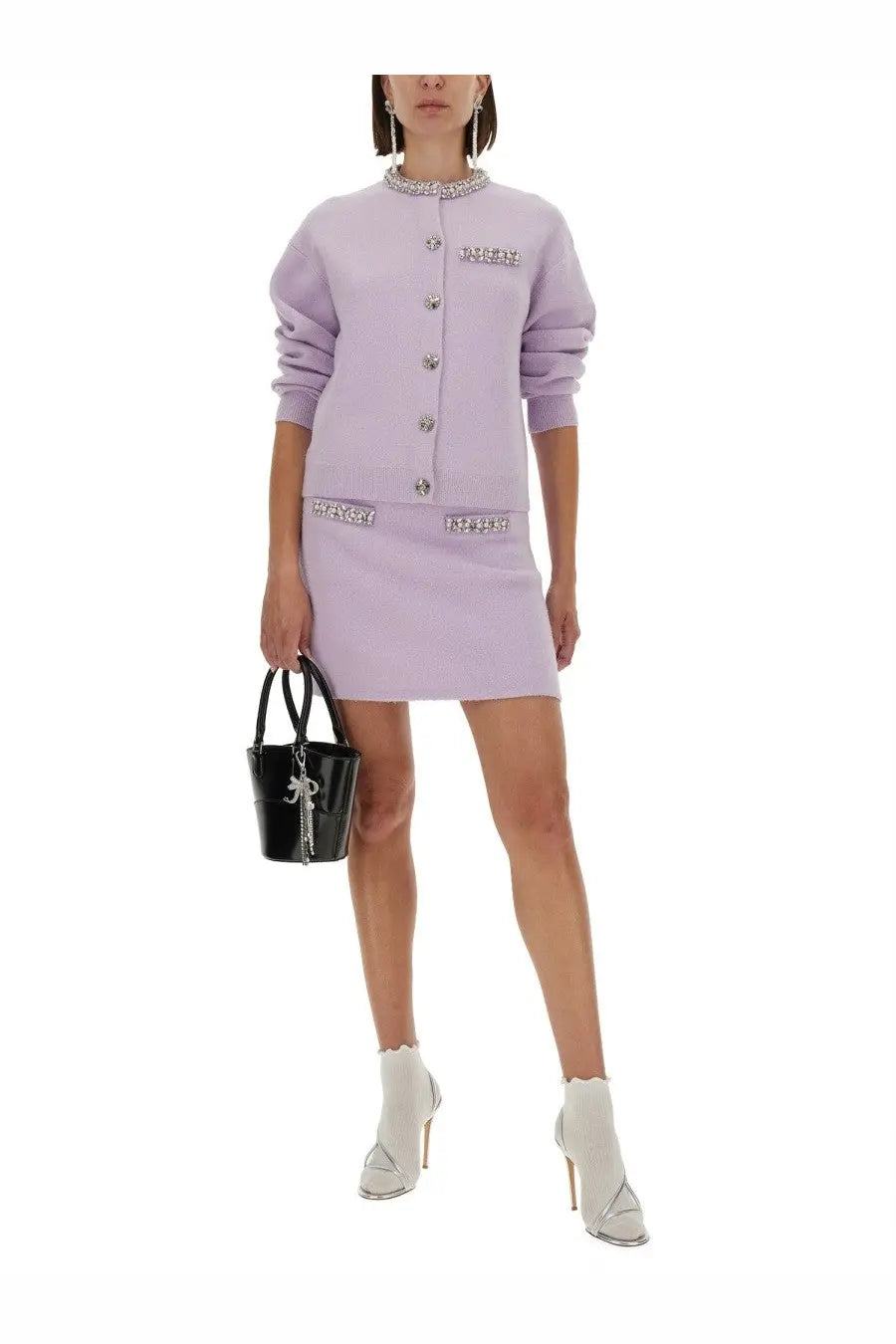 Lavender self portrait women’s knitted cardigan with crystal embellishments and silver buttons in soft knit fabric