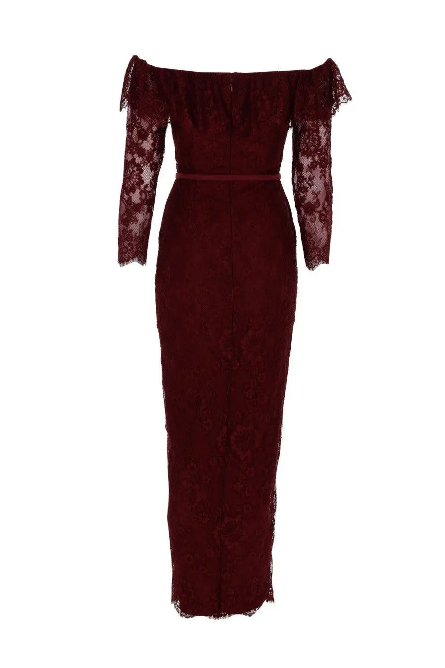 A deep burgundy lace off-the-shoulder gown with long sleeves and a fitted silhouette by self-portrait women’s lace dress red