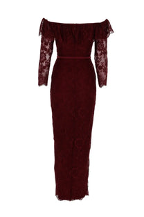 A deep burgundy lace off-the-shoulder gown with long sleeves and a fitted silhouette by self-portrait women’s lace dress red