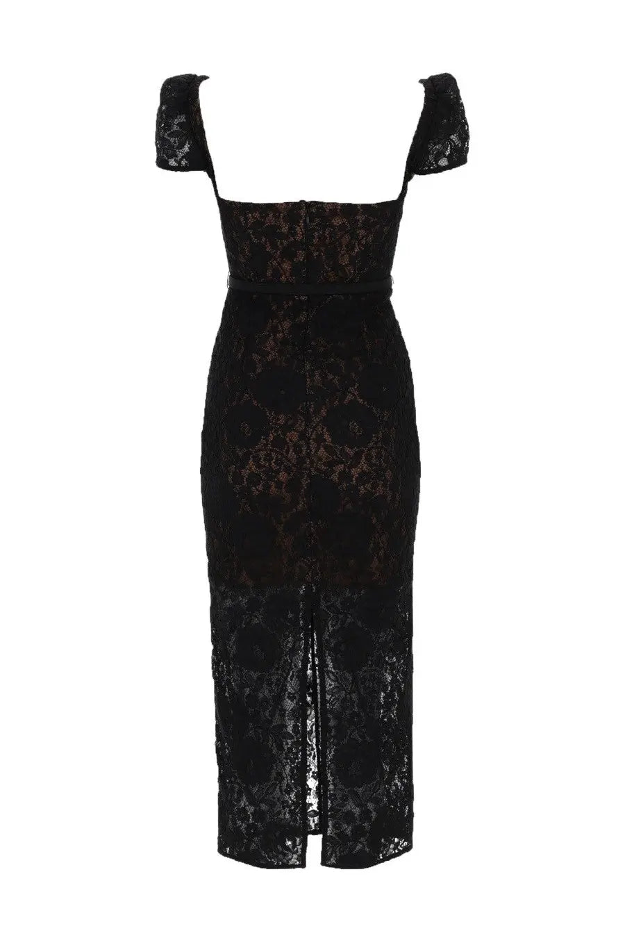 Self portrait women’s black lace midi dress with short cap sleeves and a front slit for elegant occasions
