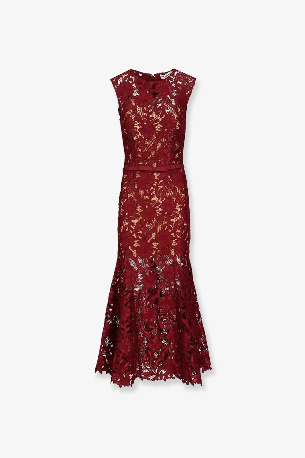 A deep red lace mermaid dress with floral embroidery and a matching belt by self-portrait women’s lace midi dress