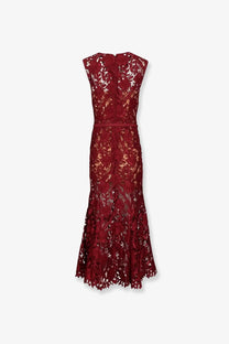 A deep red lace mermaid midi dress with intricate floral patterns and fitted waistband by self-portrait women