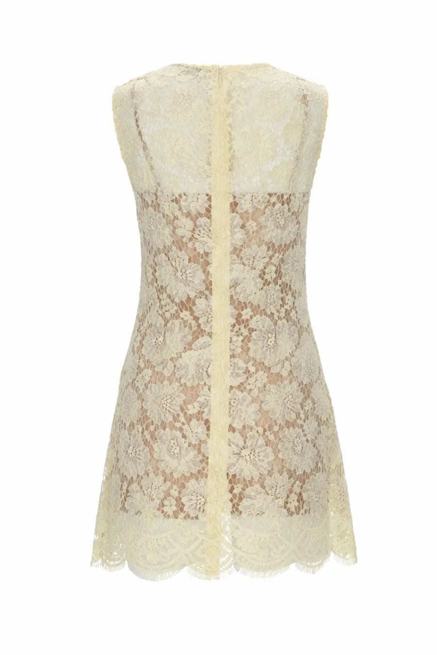 A delicate ivory lace sleeveless dress with floral pattern and scalloped hem from self-portrait women’s collection