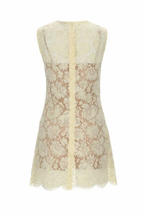 A delicate ivory lace sleeveless dress with floral pattern and scalloped hem from self-portrait women’s collection