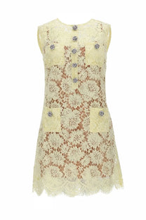 Self-portrait women’s lace mini dress yellow with pale yellow floral patterns decorative buttons and pockets
