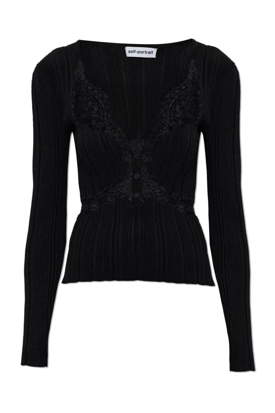 Self-portrait women’s black ribbed knit cardigan with delicate lace detailing across bust and front closure